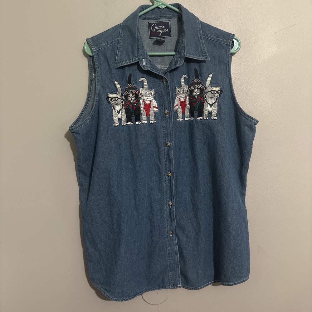 Vintage 90's Chambray Cats Kittens Jean Shirt Tank Let's Quizz Again New York